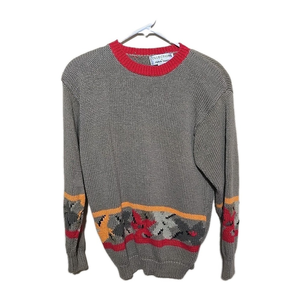 Vtg Michelle Stuart Gray Floral Knit Preppy Pullover Sweater‎ Womans Size Small